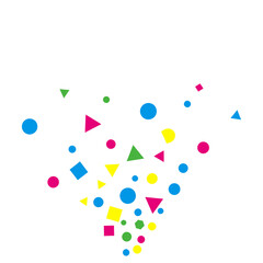 A vector illustration of a colorful confetti pattern with abstract pills and arrows on a blue background