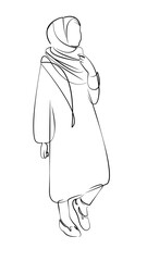 One continuous single drawing line art flat doodle islam, girl, female, woman, beauty, muslim, fashion, headscarf. Isolated image hand draw contour on a white background, hand drawn, not AI