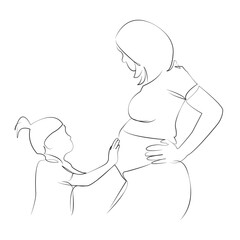 One continuous single drawing line art flat doodle mother, children, daughter, pregnant, woman, togetherness, belly, pregnancy. Isolated image hand draw contour on a white background, hand drawn, not 