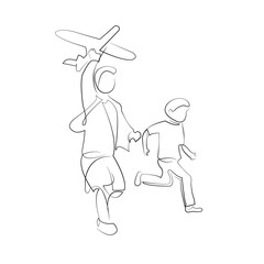 One continuous single drawing line art flat doodle child, aeroplane, sky, boy, childhood, summer, toy, launch. Isolated image hand draw contour on a white background, hand drawn, not AI