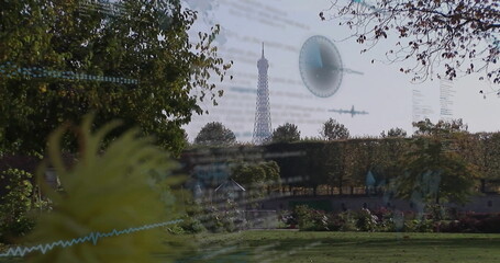 Framing centered Eiffel Tower highlighting public garden with benches, code snippets and gauge icon