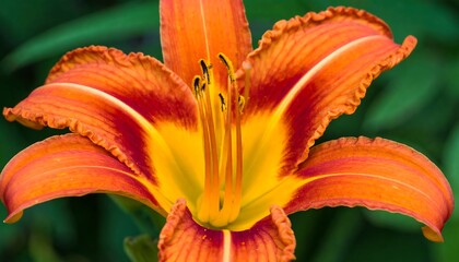 A close-up view of a vibrant orange and yellow daylily flower, showcasing intricate details and beautiful textures.