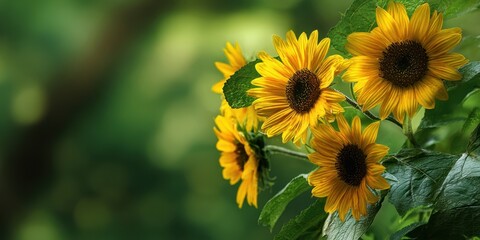 Obraz premium The Sunflowers in a Vibrant Summer Garden with Bright Yellow Petals and Green Leaves