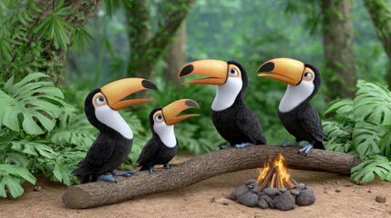 Fototapeta premium Animated toucans gather around a campfire in a lush jungle playful scene tropical environment bird conservation concept