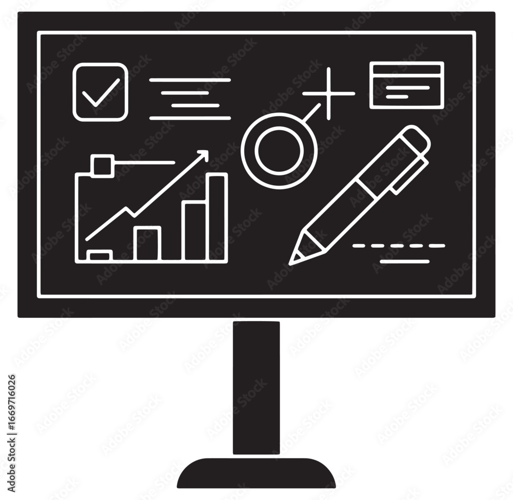 Aufkleber conceptual chalkboard with various business and office icons representing data and analysis.