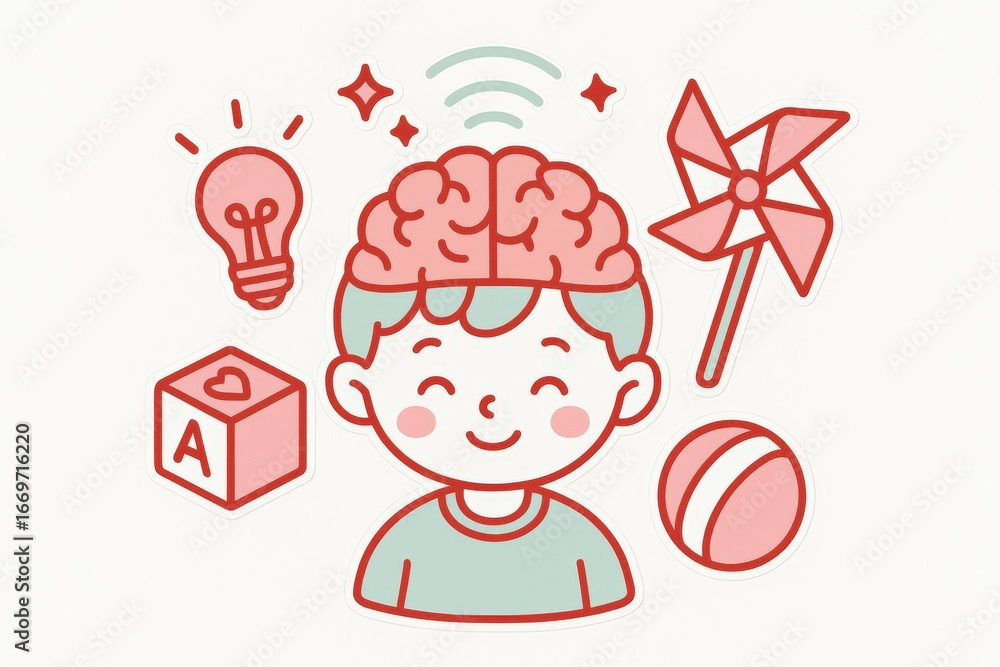 Poster a cheerful child smiling with a creative expression featuring a brain design light bulb pinwheel col