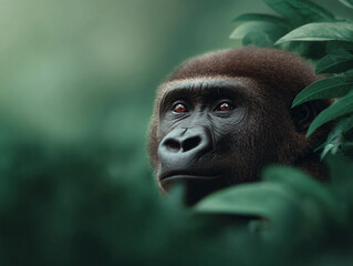Obraz premium Intimate portrait of a gorilla emerging from lush green foliage. Powerful and thoughtful expression, perfect for nature, wildlife, conservation, or empathy concepts.