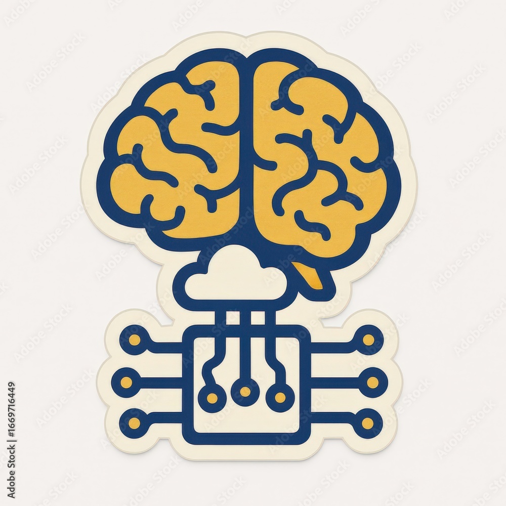 Poster artistic representation of a human brain visually merging with digital circuitry, symbolizing the in