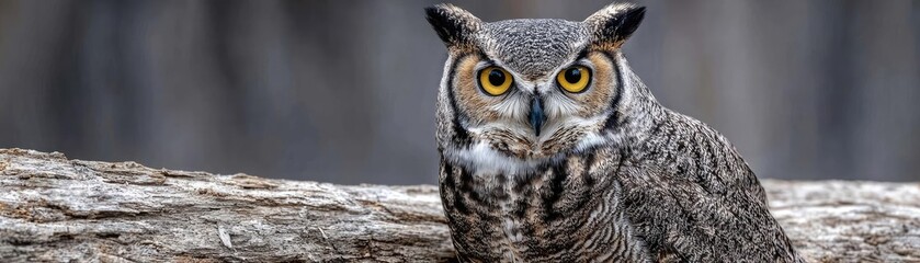Fototapeta premium Shocked owl reacting in surprise concept. A majestic owl perched on a tree branch, showcasing its sharp gaze.
