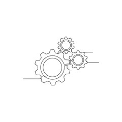Vector illustration of continuous line drawing of three interconnected gears, symbolizing teamwork and mechanical engineering