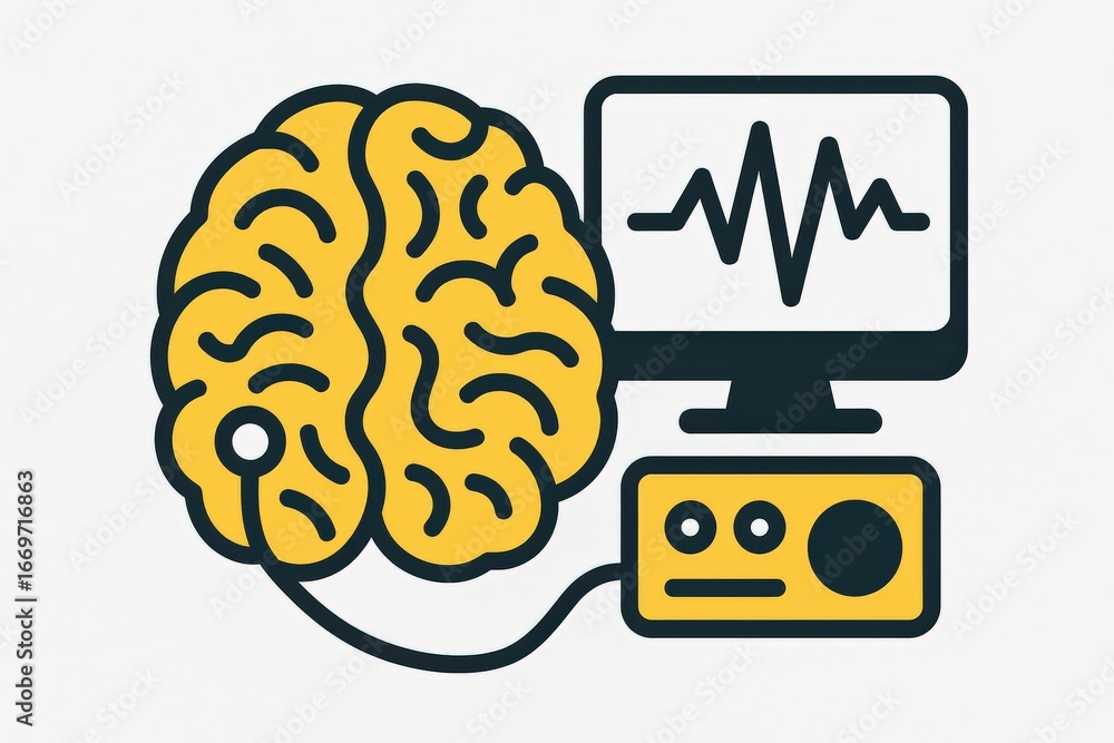 Aufkleber conceptual illustration of a human brain connected to a computer monitor displaying brainwave patter