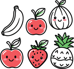 Bold black line cute fruit doodle icons, smiling apple, banana, strawberry, pineapple, minimal cartoon style, kids fun illustration, coloring page friendly vector 2