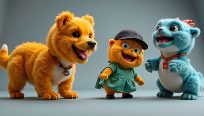 Fototapeta premium Colorful cartoon dog and characters smiling together in playful scene 