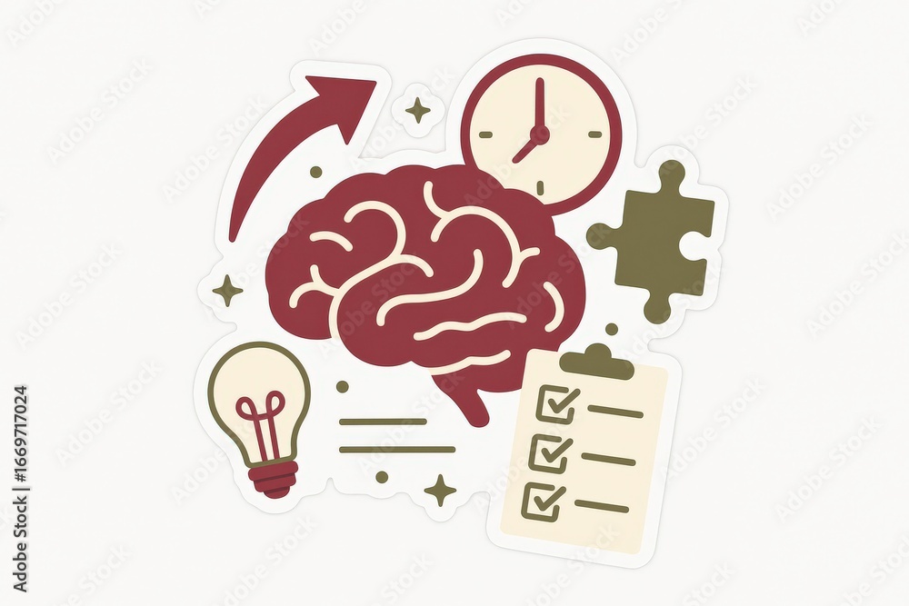 Aufkleber illustrative depiction of cognitive process featuring a brain light bulb and checklist highlighting 