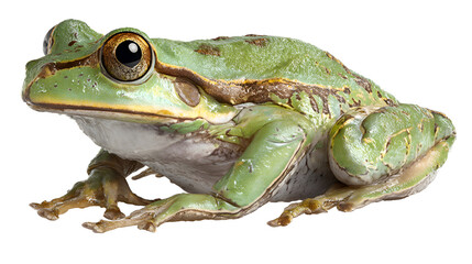 Obraz premium Vibrant green tree frog with striking golden eyes poised on a clean white background, showcasing intricate skin texture and natural beauty