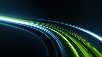 Abstract light trails in blue and green colors on a dark background. The design conveys a sense of motion and energy.