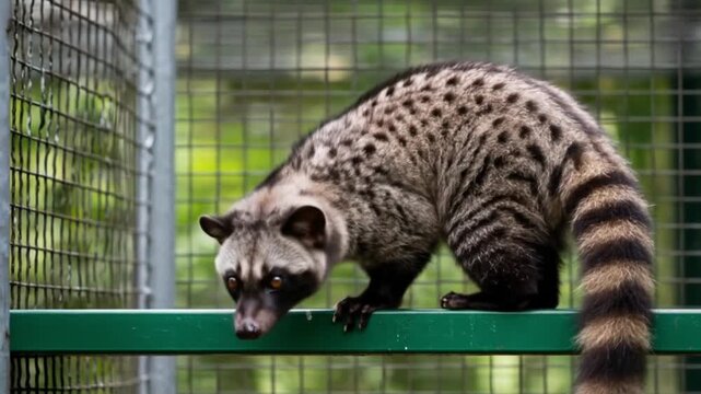 Cute and tame spotted civet walking in its breeding cage. AI video