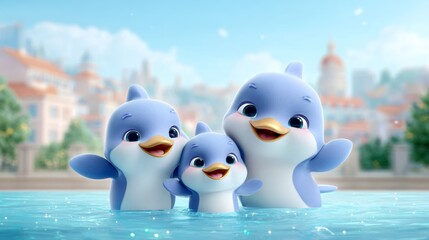 Playful dolphins enjoying a sunny day in a pool animated characters vibrant environment whimsical viewpoint