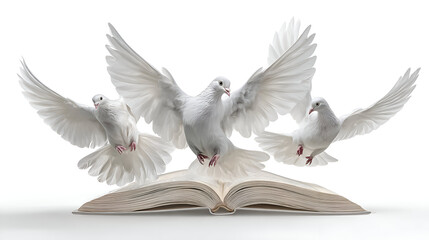 Obraz premium Graceful white doves take flight from an open book, symbolizing knowledge, freedom, and new beginnings in a pure, serene moment.