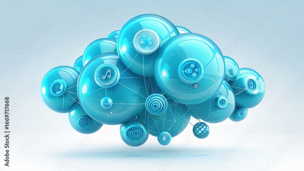 Poster music production cloud hosting abstract blue cloud structure with interconnected spheres and nodes.