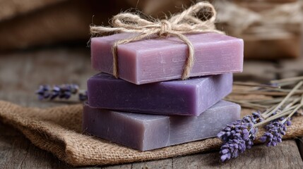 Stack of lavender soaps on burlap