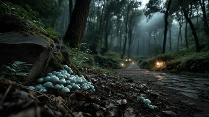 Obraz premium Mysterious Forest Path with Glowing Mushrooms and Distant Lights