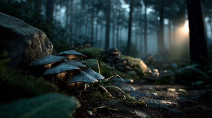 Obraz premium Dark and Moody Forest Scene with Illuminated Fungi at Dusk