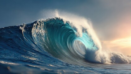 A powerful ocean wave, vibrant turquoise in color, curves dramatically in a breathtaking display of nature's raw beauty.
