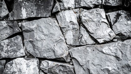 Fototapeta premium Close-up view of a textured stone wall, showcasing the rough, irregular shapes and varied tones of the stonework.