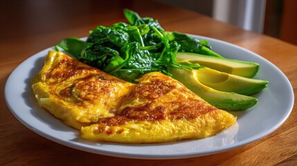 Keto friendly low carb breakfast plate concept. Delicious omelette served with avocado and fresh spinach.