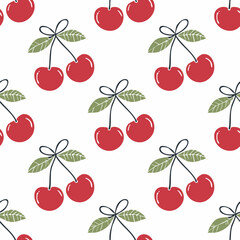 Hand Drawn Cherry Bow Seamless Pattern – Vintage Sketch Style
