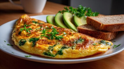 Keto friendly low carb breakfast plate concept. Delicious omelette served with avocado and whole-grain bread.