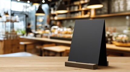 A blank black menu stand on a wooden table in a cozy café. The background features a blurred view of shelves filled with pastries and coffee equipment.