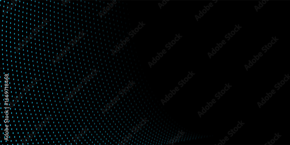 Poster curved wavy halftone pattern in soft blue on the left over black background, creating depth and rhyt