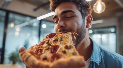 Young Middle Eastern man enjoying a slice of pizza in a modern cafe. The pizza has pepperoni and cheese, with a relaxed atmosphere in the background.