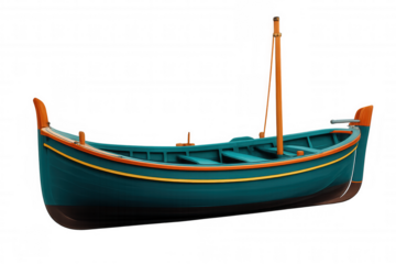 Traditional colorful wooden fishing boat with mast and oars isolated on transparent background, perfect for maritime-themed projects