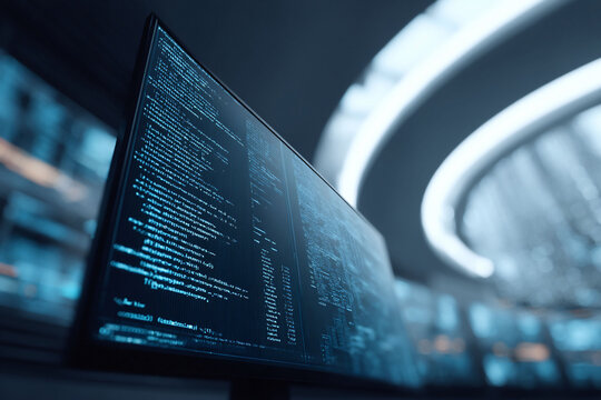 Futuristic tech scene. A monitor displays lines of code in a cool, contemporary space. For illustrating concepts like AI, data processing, and cybersecurity.