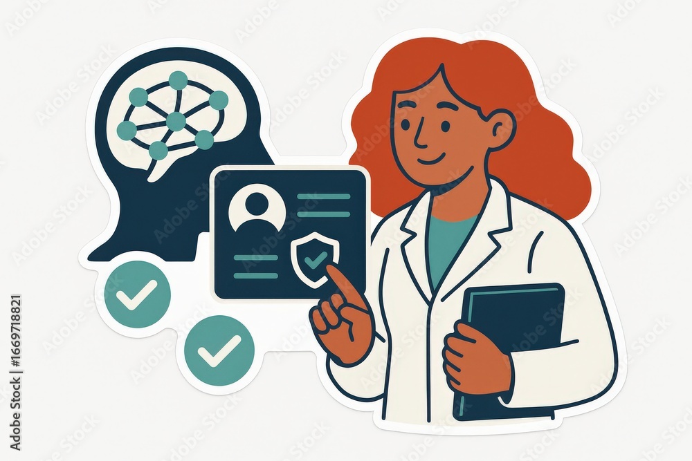Poster engaging professional woman presenting a secure digital identity concept along with neural network v