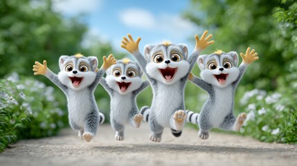 Playful cartoon animals jumping in a lush green park 3d animation joyful environment fun concept