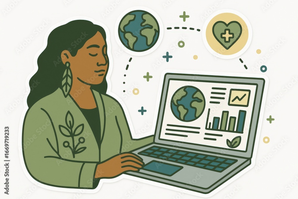 Poster female professional analyzing data on laptop while exploring environmental health metrics with globe