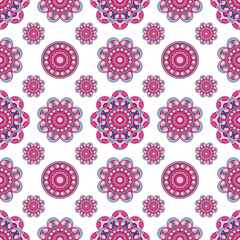 Vibrant Floral Pattern with Mandala Elements in Pink and Black Background for Decorative Design, Textiles, or Wallpaper Applications