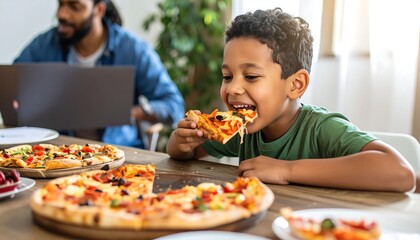 Young boy happily eating pizza with family at home.