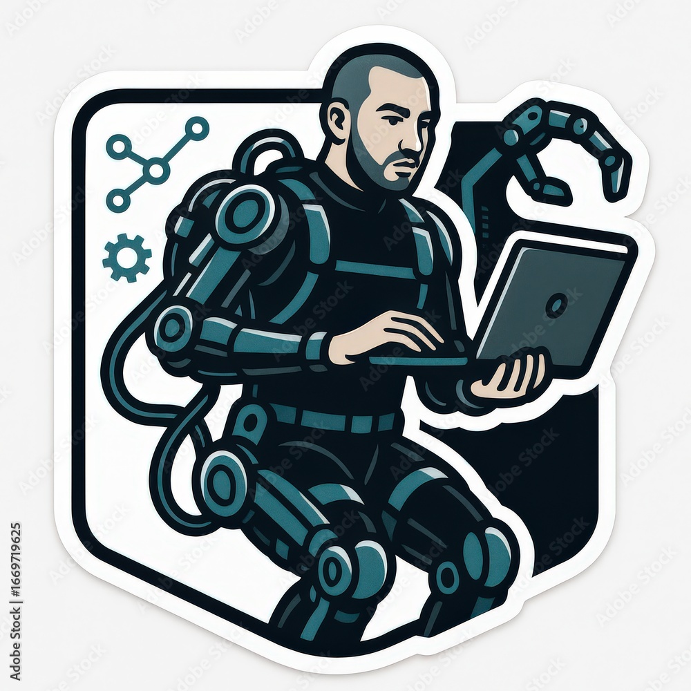 Poster innovative male engineer utilizing robotic technology for advanced programming, symbolizing the fusi