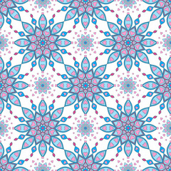 Colorful Floral Pattern with Pink and Blue Petals on a Black Background Ideal for Modern Textile or Wallpaper Design