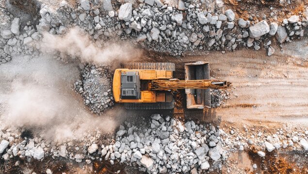Aerial view of a yellow excavator working in a quarry - Powered by Adobe