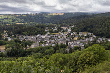 Aerial view of the town of Murol in the summer. Murol is situated in the French department of Puy-de-Dôme, in Auvergne, in the beautiful volanic area of France.