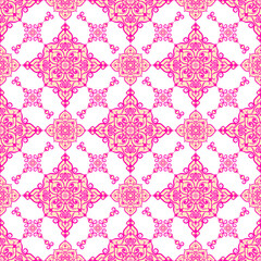 Intricate Pink and Black Geometric Pattern with Floral Design and Repeating Motifs for Vibrant Textile or Wallpaper Backgrounds