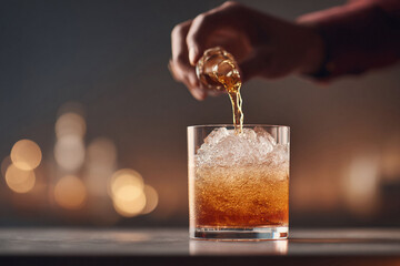Pouring a golden liquor over ice in a glass, this stylish shot captures elegance and celebration. Perfect for cocktail ads, lifestyle articles, or beverage blogs.