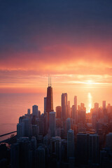 Fototapeta premium Dramatic cityscape at sunrise. Modern buildings stand tall against the vibrant sky. Powerful imagery ideal for urban development, travel, and business themes.