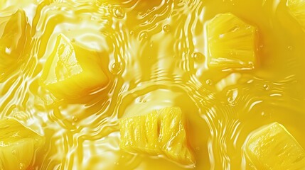 macro shot, top-down view of pineapple juice with floating and submerged pineapple chunks, vibrant yellow translucent liquid